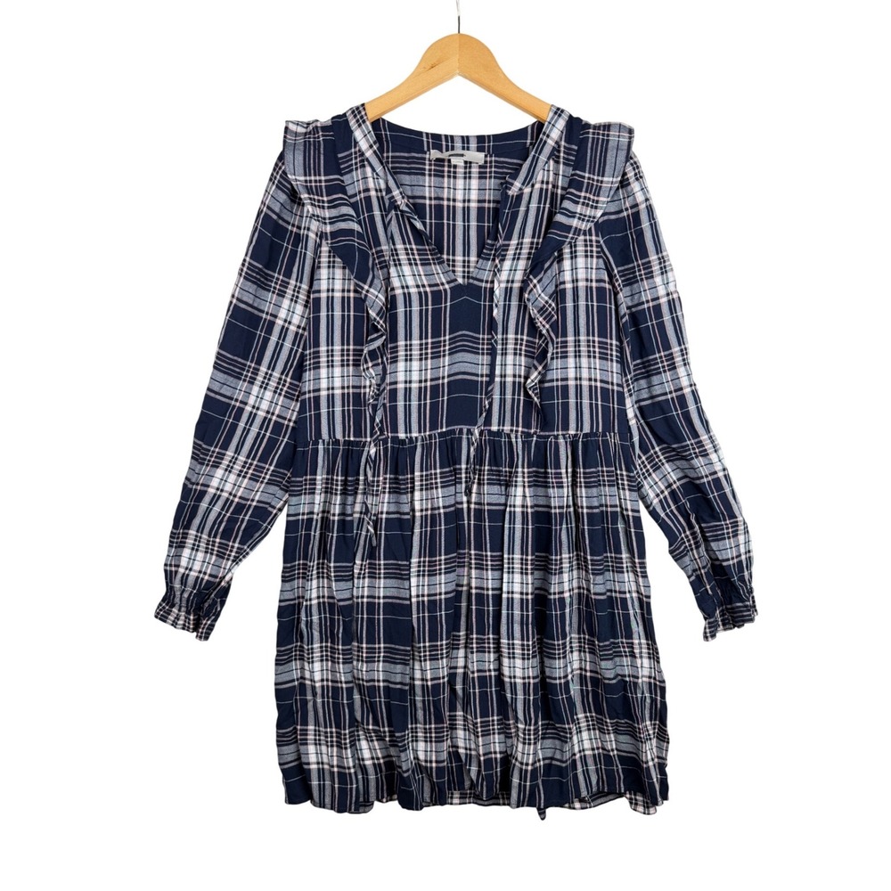 LOFT Plaid‎ Ruffle Long Sleeve Dress size Small Blue/Gray/Pink